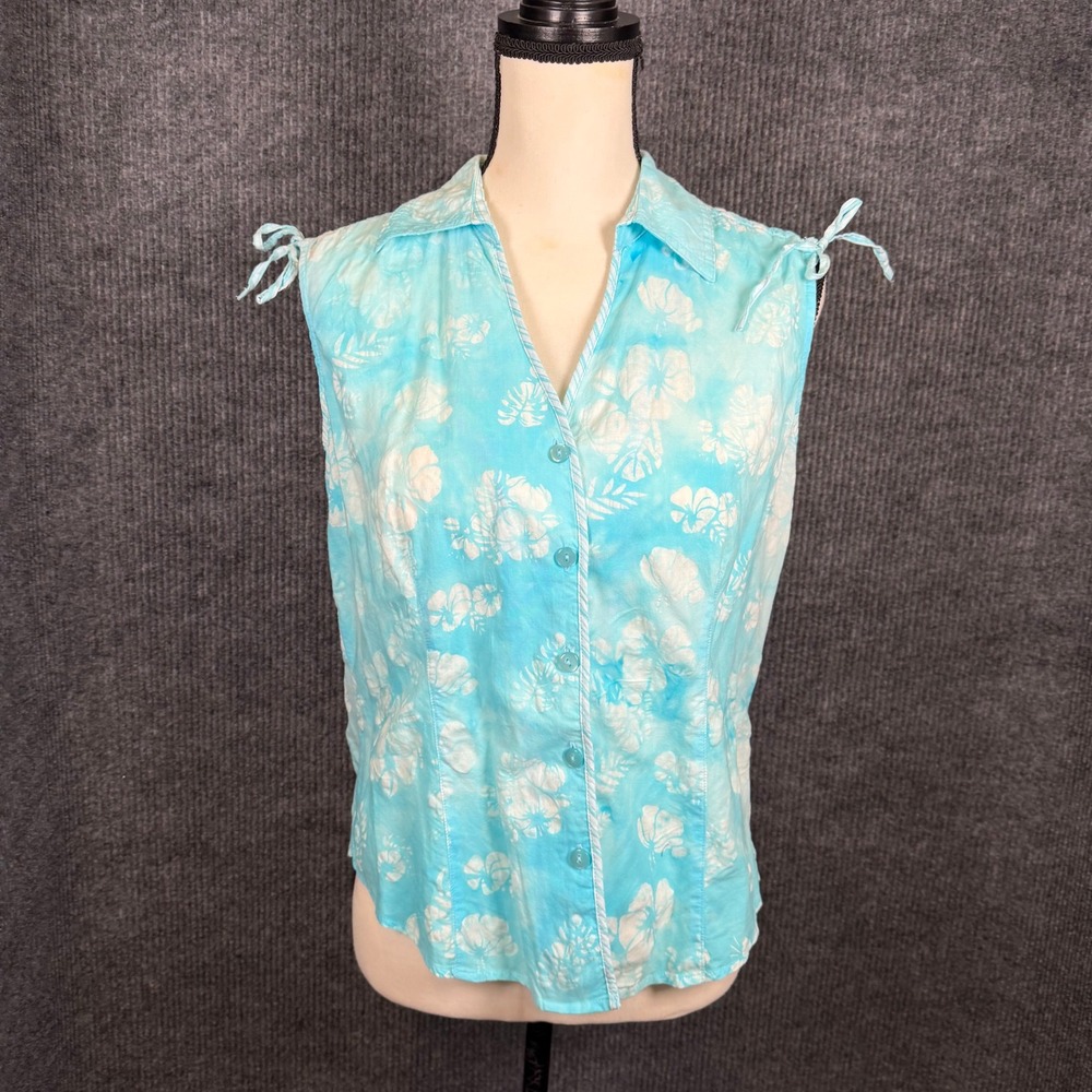 Y2K Austin Clothing Co Hibiscus Floral Top S Blue Tie Dye Cinch Resort Beach VTG